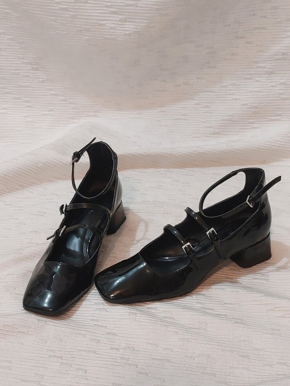 Zara Black Patent Triple-Strap Block Heel Mary Janes Size 38